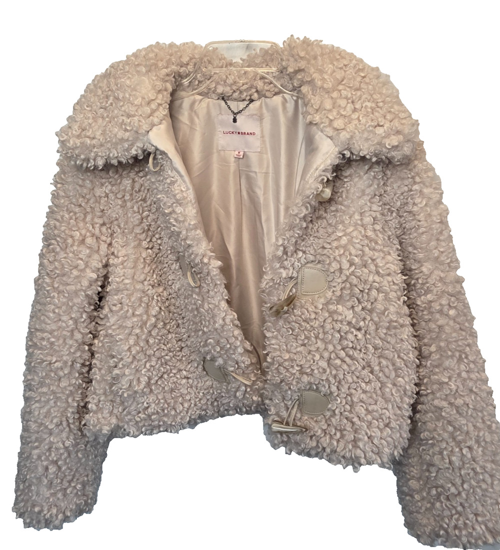 Lucky Brand Cozy Coat Women M Cream Faux Fur Teddy Toggle Closure Cropped Jacket